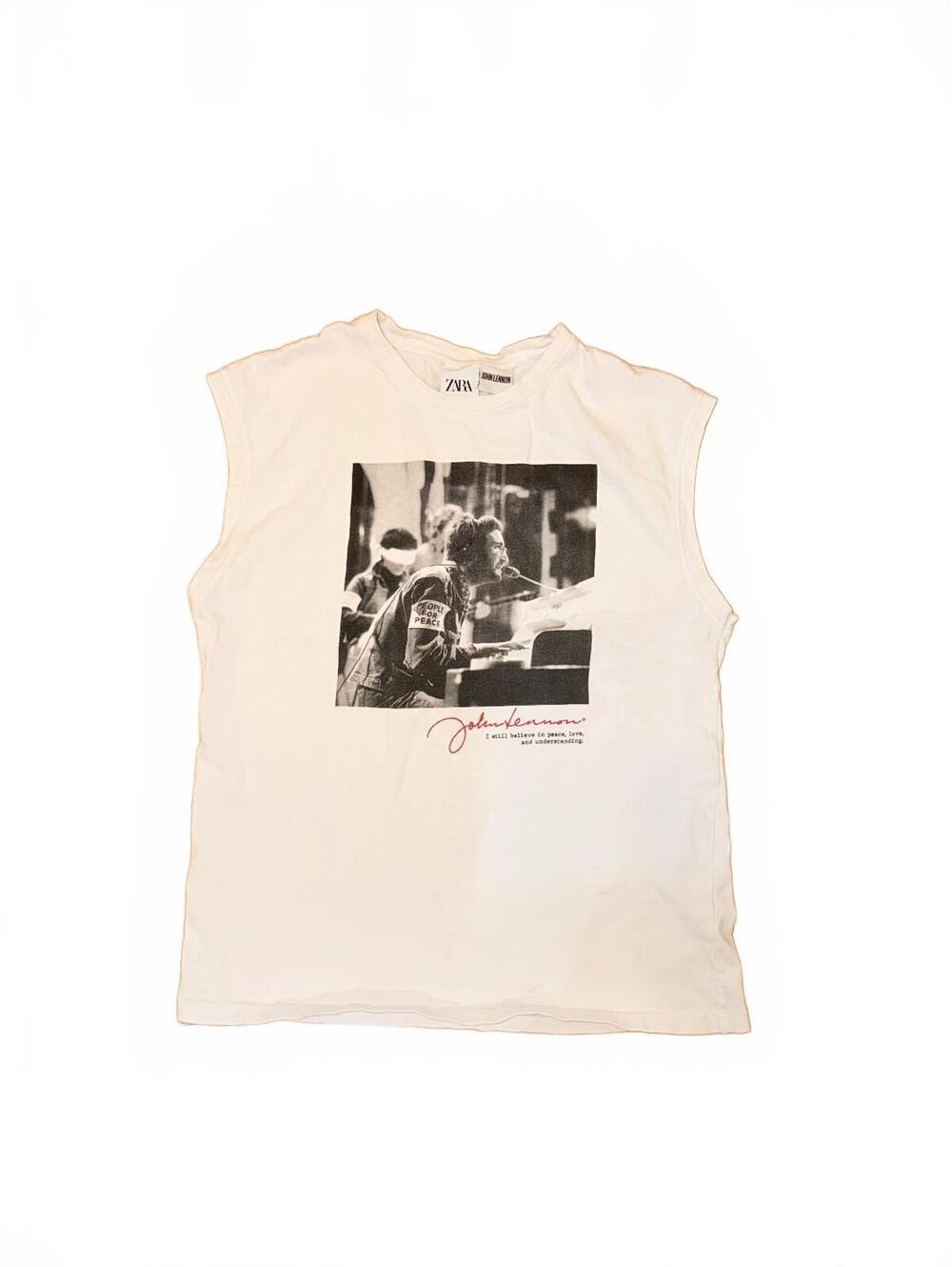 Zara John Lennon Muscle Tee Peace Quote White Size L
